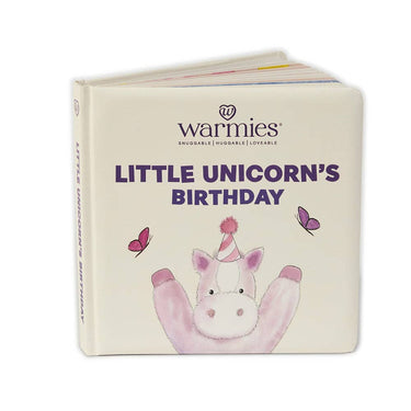 Front view of children's board book "Little Unicorn’s Birthday" featuring colorful illustrations and engaging story