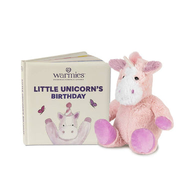Children's board book "Little Unicorn’s Birthday" displayed alongside Unicorn Warmies Junior plush for a gift set or playtime
