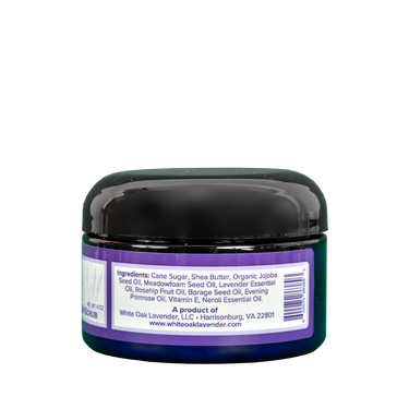Left side view of Nana Juju Sugar Scrub container showing product ingredients and additional information