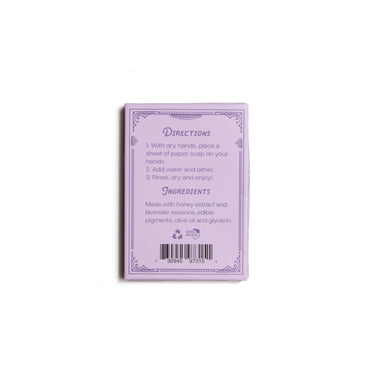 Paper Soap – Lavender Honey Scent, Travel Size back view showing directions for use, ingredient list, and barcode on the packaging