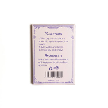 Paper Soap – Lavender Scent, Travel Size back view showing directions for use, ingredient list, and barcode on the packaging