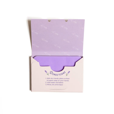 Paper Soap – Lavender Scent, Travel Size, 50 Sheets front view showing the product label and packaging design clearl