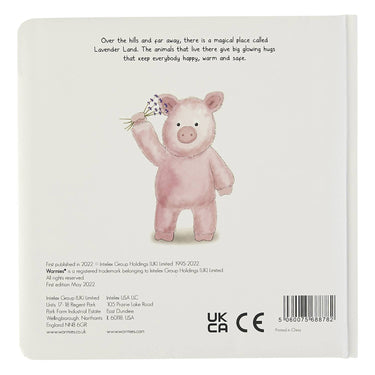 Back view of children's board book "Pigs Can Fly" showing product details and summary
