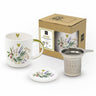 Provence bone china tea mug with lid and stainless steel strainer, 11.75 oz, gift boxed
