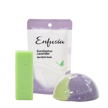 Salt, Soap, & Mini Gift Set – Eucalyptus Lavender displayed in a studio setting, showing all included products clearly from the front with clean, professional lighting