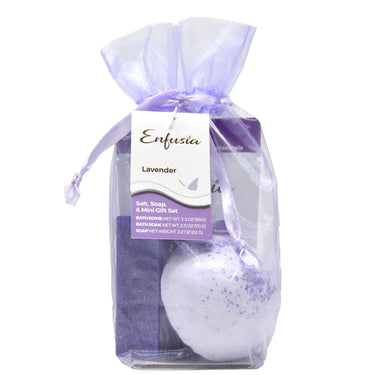 Salt, Soap, & Mini Gift Set – Lavender wrapped in a gift bag, showing front view of packaging designed for gifting
