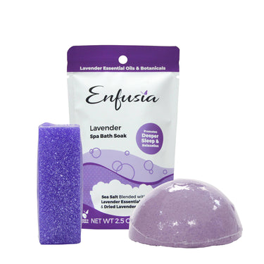 Salt, Soap, & Mini Gift Set – Lavender displayed in a studio setting, showing all included products clearly from the front with clean, professional lighting